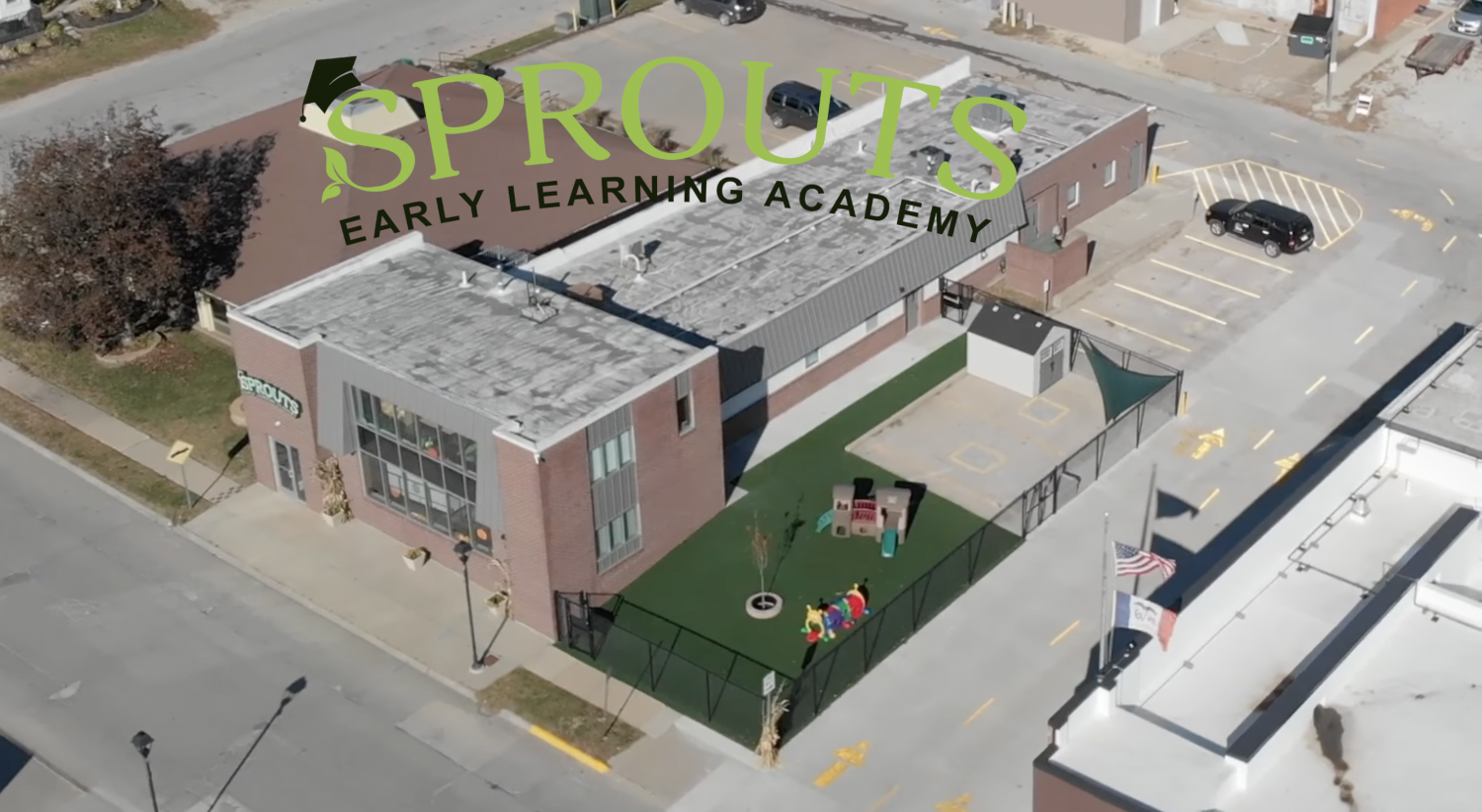 sprouts early learning academy aerial view with logo placed in the top center of the photo