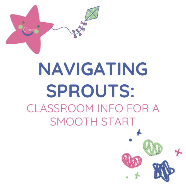 Colorful graphic with a pink star, green kite, and crayon scribbles. Text reads, "Navigating Sprouts: Classroom Info & Family Resources for a Smooth Start.